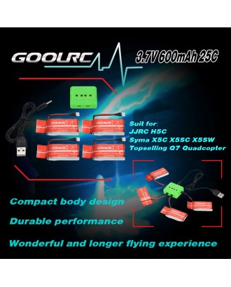 GoolRC 4Pcs 3.7V 600mAh 25C Lipo Battery and 4-Port Charger Set for Syma X5C X5SC X5SW JJRC H5C Topselling Q7 Quadcopter QX80 QX90 QX95 100mm Micro Indoor Drone
